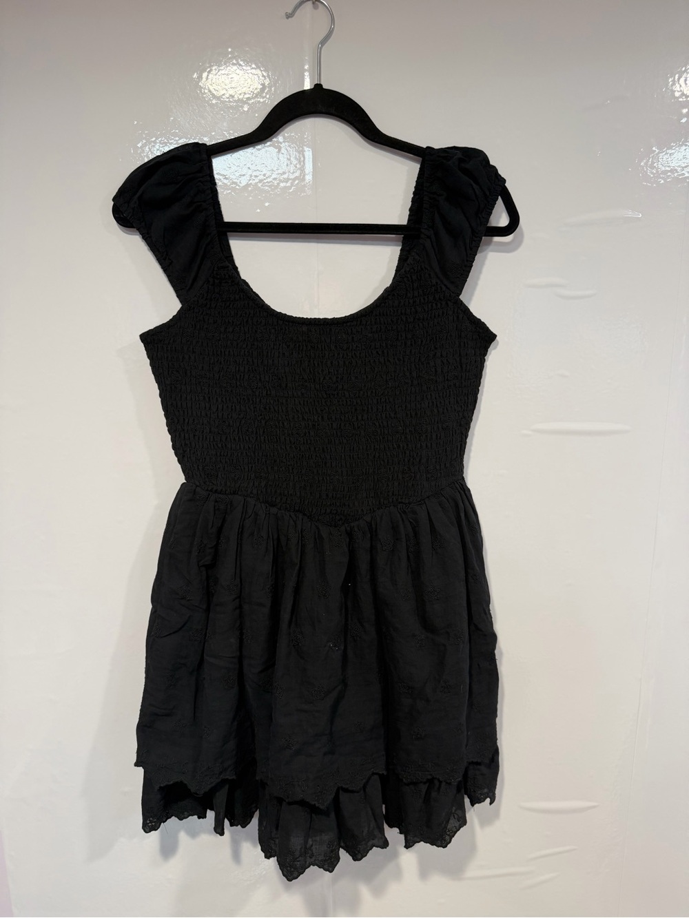 American Eagle Outfitters Black Smocked‎ Mini Dress with Puff Shoulders